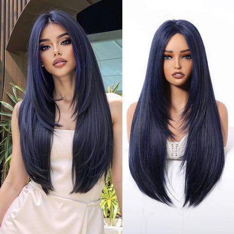 Long Straight Layered Synthetic Wig Ash Blond highlights with Bang for Women Christmas Party Daily Use Heat Resistant Fiber