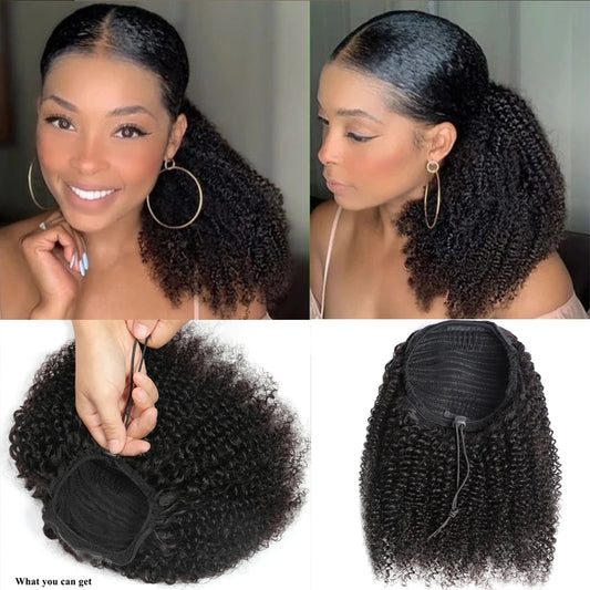 Mogolian Afro Kinky Curly Drawstring Ponytail Human Hair Extensions 4B 4C Remy 12-24inch Long Clip In Ponytail Extension