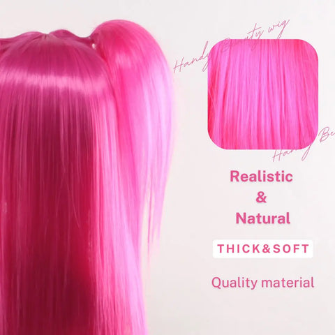 High quality rose red long double ponytail with neat bangs cosplay synthetic wig christmas and other festivals preferred