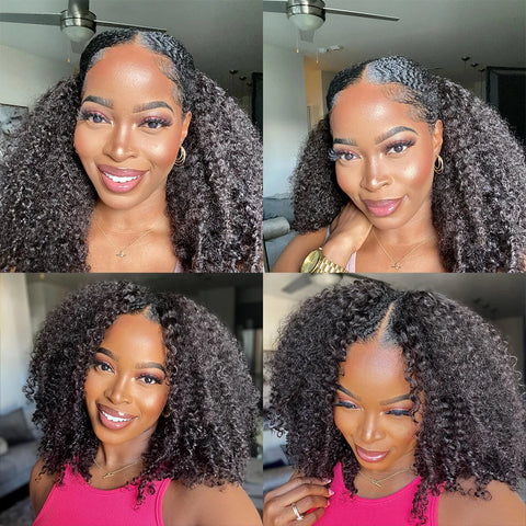 Kinky Curly V Part Wig Human Hair No Leave Out Thin Part Malaysian Hair Wigs for Women 250 Density Afro Curly V/U Part Wig 100%