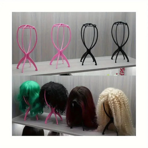1pcs Black/Pink Color Collapsible Wig Stand Plastic Wig Holder Portable Folding For Styling Display Women Wig