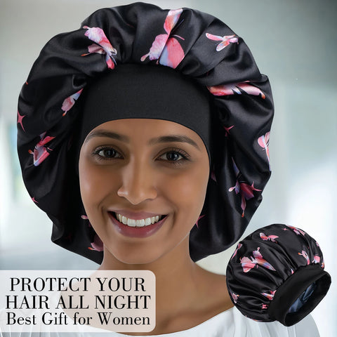 Satin Sleeping Cap for Women, Wide Elastic Band Bonnet with Butterfly Print, Soft & Breathable, Ideal for Curly Hair
