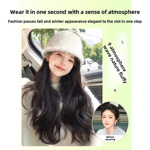 Women's Long Hair Wig Hat Integrated Natural Real Human Hair Fashion Autumn Winter Fisherman Cap Full Head Cover