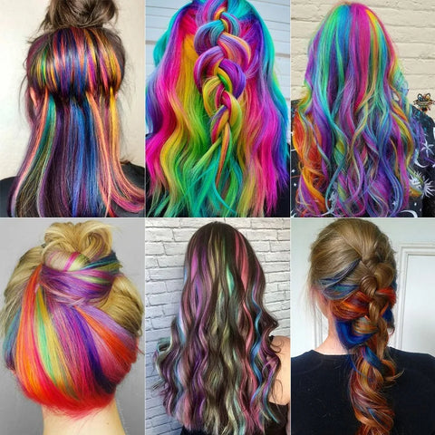 5PCS 22Inch Synthetic Long Straight Hair Clips Rainbow Hair Extension Colored Red Green Blue Hairpiece for Women