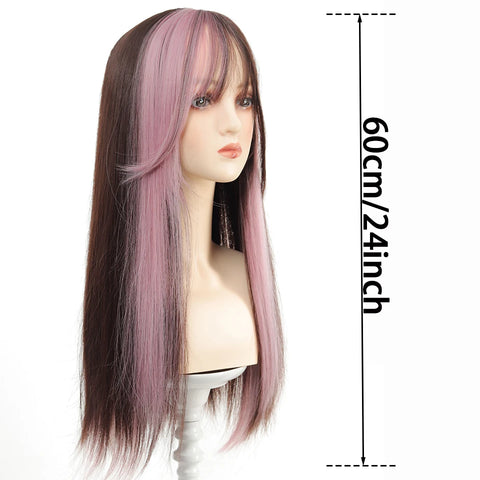 Synthetic 24 inch Loiita Black Pink Tousled Long Straight Wig Double Ponytail Hair Extensions cosplay wig Christmas
