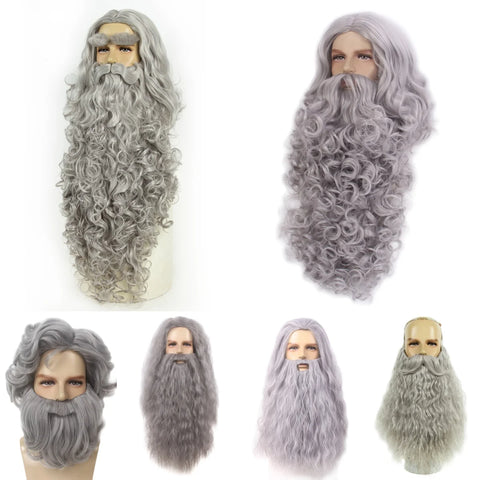 REEWES Grey Wig&Beard Set With moustache Christmas Santa Claus Costum Cosplay synthetic Wig For Halloween Costume XMAS Dress up