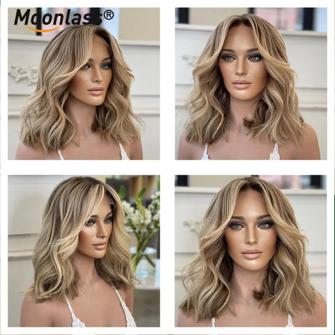 Highlight Ash Blonde Brown With Dark Root Body Wave 100% Human Hair Wig 180% Density Light And Breathable Transparen Lace Wigs