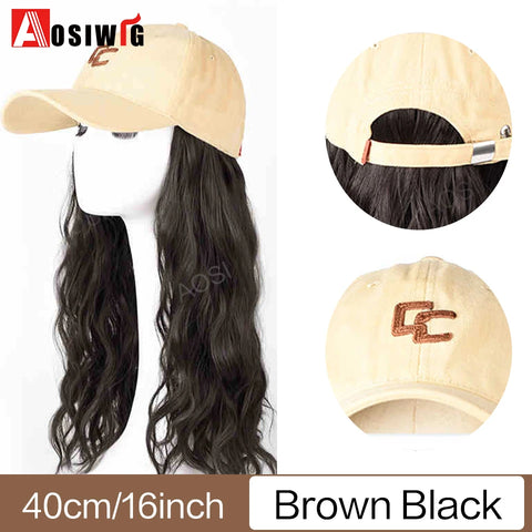 Long Wavy Synthetic Wig Baseball Rice White Cap With Hair Extensions Hat Wigs Natural Black Connect Wig Adjustable For Women