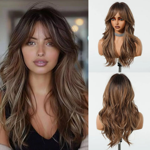 HENRY MARGU Grey Layered Synthetic Natural Wig Medium Length Straight Wig with Bangs for Women Daily Party Wigs Heat Resistant