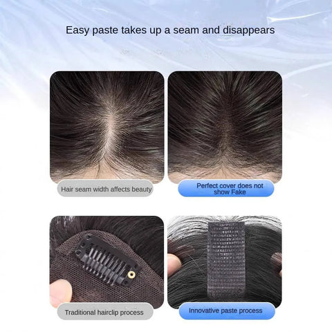No Clip Toppers Human Hair Fringe Upgraded Magic Paste Hair Toppers Bangs for Women Fluffy Hair Cover Sparse Hair Seams Patches