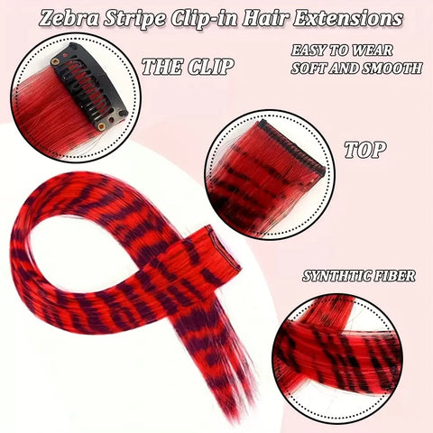 Stripe Printed Hair Colorful Long Straight Hair Pieces Synthetic Clip-in Hair Extensions for Daily Use Party Halloween