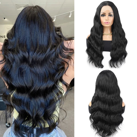 13×4 Transparent Lace Wig Long Ocean Wave Black Synthetic Lace Wig for Women Natural Hairline Heat Resistant wigs