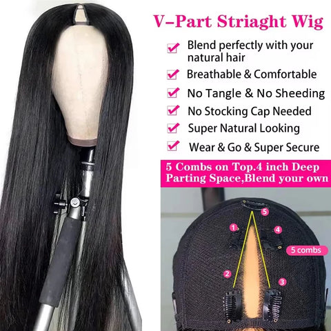 30 Inches Long Straight Human Hair Wig 210 Density V part Wig Upgrade Upart Wigs 100% Human Hair Head Clip In Half Wig For Women