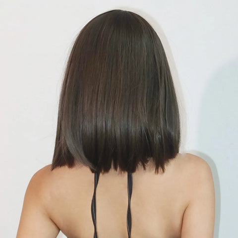 Straight Bob Synthetic Wigs Dark Brown Hair with Bangs for Women Shoulder Length Wig Daily Use Heat Resistant Korean Hairstyle