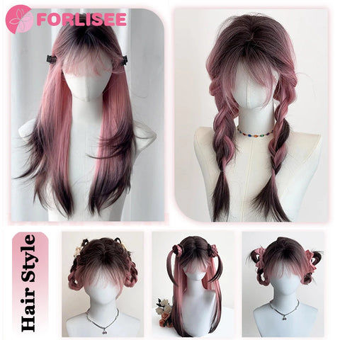 FORLISEE Ombre Black Pink Synthetic Wigs For Cosplay Long Straight Layered Wigs With Bangs For Women Heat Resistant Fake Hair