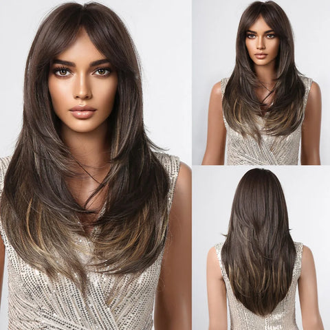 HENRY MARGU Grey Layered Synthetic Natural Wig Medium Length Straight Wig with Bangs for Women Daily Party Wigs Heat Resistant
