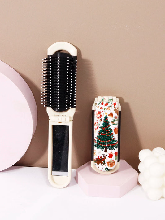 1pc Compact portable folding mirror comb with Christmas element pattern, perfect gift for Christmas Special for real hair wigs