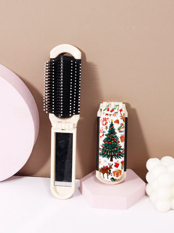 1pc Compact portable folding mirror comb with Christmas element pattern, perfect gift for Christmas Special for real hair wigs