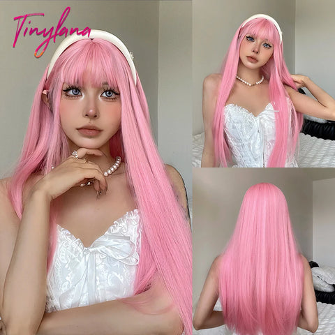 Long Straight Silver Ash Gray Synthetic Wigs Lolita Cosplay Natural Hair with Bangs for White Women Party Daily Heat Resistant