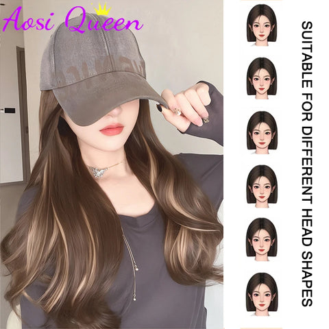 AOSI Long Wavy Wig Synthetic Wig Vintage Cowboy Hat Extensions Hat Wigs Cold Brown Adjustable Hairpiece for Women