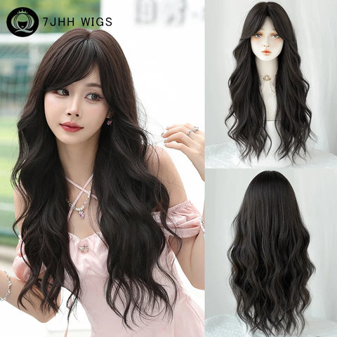 7JHH WIGS Honey Brown Wigs with Neat Bangs High Density Synthetic Loose Brown Hair Wig for Women Daily Use Beginner Friendly