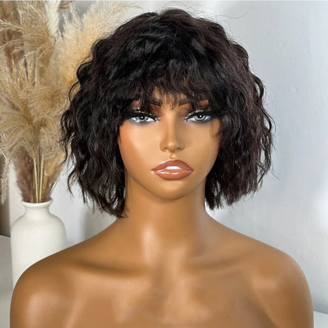 Water Wavy Short BoB Human Hair Wigs Pixie Cut 13x4 Lace Front Wigs with Bangs Pre Plucked Brazilian Hair Curly Wig for Women