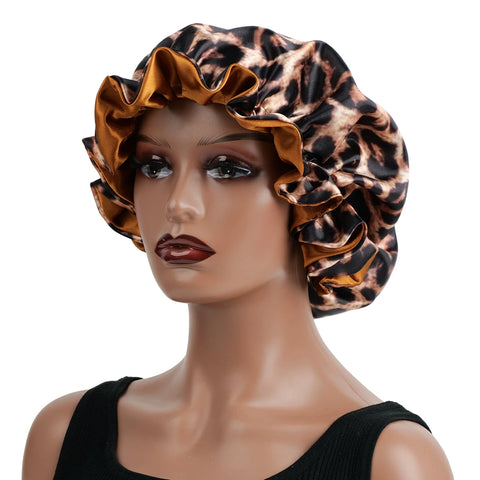 1PC Hair Bonnet Printed Leopard Double Layer Satin Splicing Hair Bonnet For Sleeping For Curly And Straight Hair