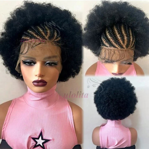 13x4 Lace Frontal Short Afro Kinky Curly Bob Braided Hair Wig 8 Inch Black Human Hair Wigs PrePlucked Bouncy Curly Wig for Women