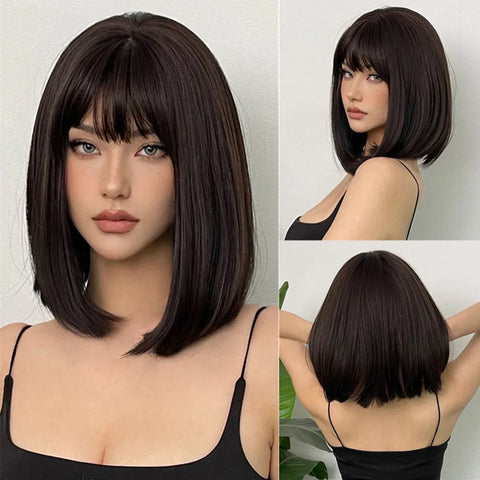 Light Brown Synthetic Wigs Straight Short Bob Cut with Bangs Wig for White Women Korean Daily Party Cosplay Heat Resistant Hair
