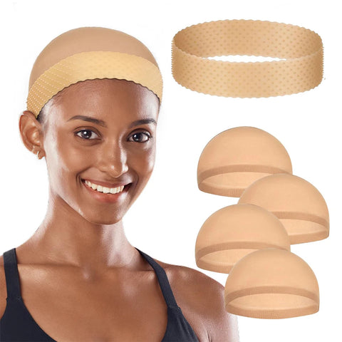 1 Silicone and 4 Wig Cap Stocking Wig Caps Non-Slip Stretchy Nylon Wig Caps For Women, Soft And Breathable Close End Wig Caps