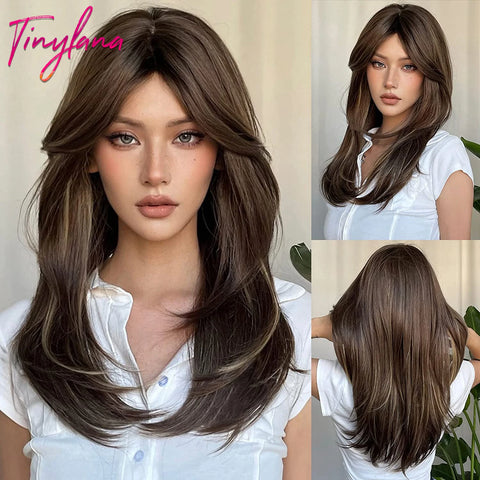Long Straight Ombre Brown Synthetic Wigs with Bangs Brown Layered Wig Cosplay for Women Afro Daily Natural Hair Heat Resistant