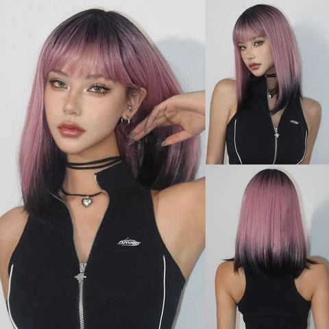 Straight Layered Synthetic Wigs Purple Black Ombre Wig with Bangs Middle Length Colored Cosplay Wig for Women Heat Resistant Wig