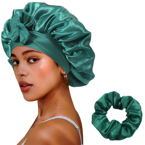 A Set/2Pcs Sleeping Women's Silk Hat Satin Hat Satin Border Curly Hair Hat Strap Elastic Headband