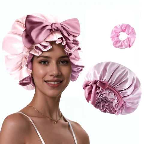 1 Set Silk Bonnet for Sleeping Women, Printing Satin Hair Shower Cap Tie Band Adjustable Straps Head Wrap for Curly Hair