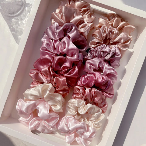 16-piece set of soft satin hair ties in pink and brown colors | suitable for wearing in all settings