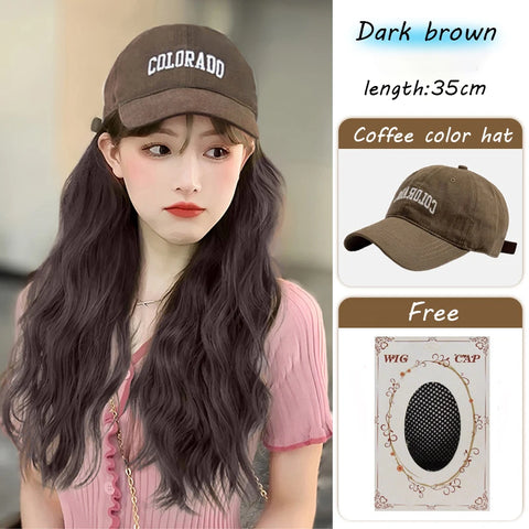 Long Wavy Synthetic Wig Baseball Rice Black Cap With Hair Extensions Hat Wigs Natural Black Connect Wig Adjustable For Women
