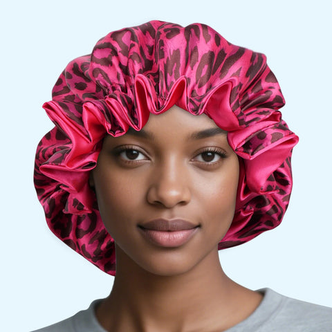 1PC Hair Bonnet Printed Leopard Double Layer Satin Splicing Hair Bonnet For Sleeping For Curly And Straight Hair