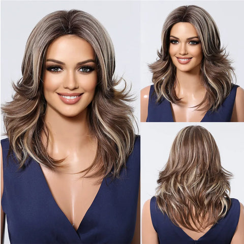 HENRY MARGU Grey Layered Synthetic Natural Wig Medium Length Straight Wig with Bangs for Women Daily Party Wigs Heat Resistant