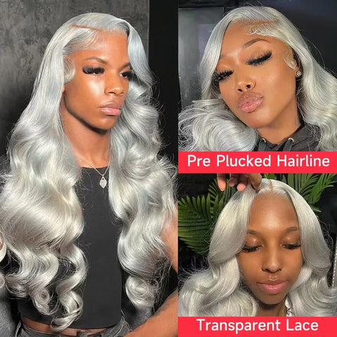 Silver Grey Vietnamese Human Hair Wig Body Wave 13x6 HD Transparent Lace Front Pre Plucked 180% Density 28 30 Inch Wig For Women