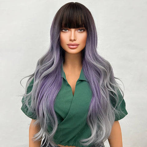 Fashion Purple to Gray Ombre Long Wavy Wig with Bangs for Women - 28 Inch Heat Resistant Synthetic Curls, Natural Style, Suitabl