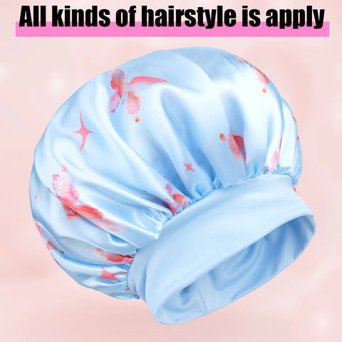 Satin Sleeping Cap for Women, Wide Elastic Band Bonnet with Butterfly Print, Soft & Breathable, Ideal for Curly Hair