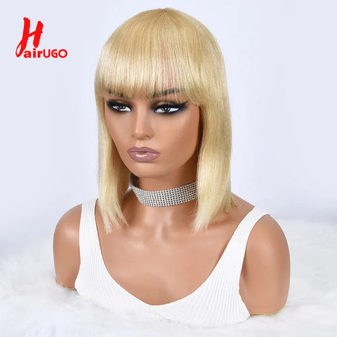 HairUGo 613# Blonde BOB Wig Human Hair Wig with Bangs Remy Full Machine Made Brazilian Human Hair Wigs For Woman