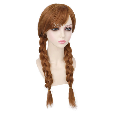 Synthetic Long Braided Brown Wigs with Bangs for Girls Anna Princess Wig Anime Cosplay Briad Wig for Halloween Christmas Party