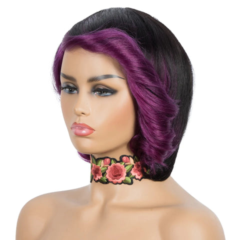 Lekker Highlight Silver Grey Short Wavy Bob 100% Human Hair Wigs For Women Brazilian Remy Hair Salt Pepper Full Machine Made