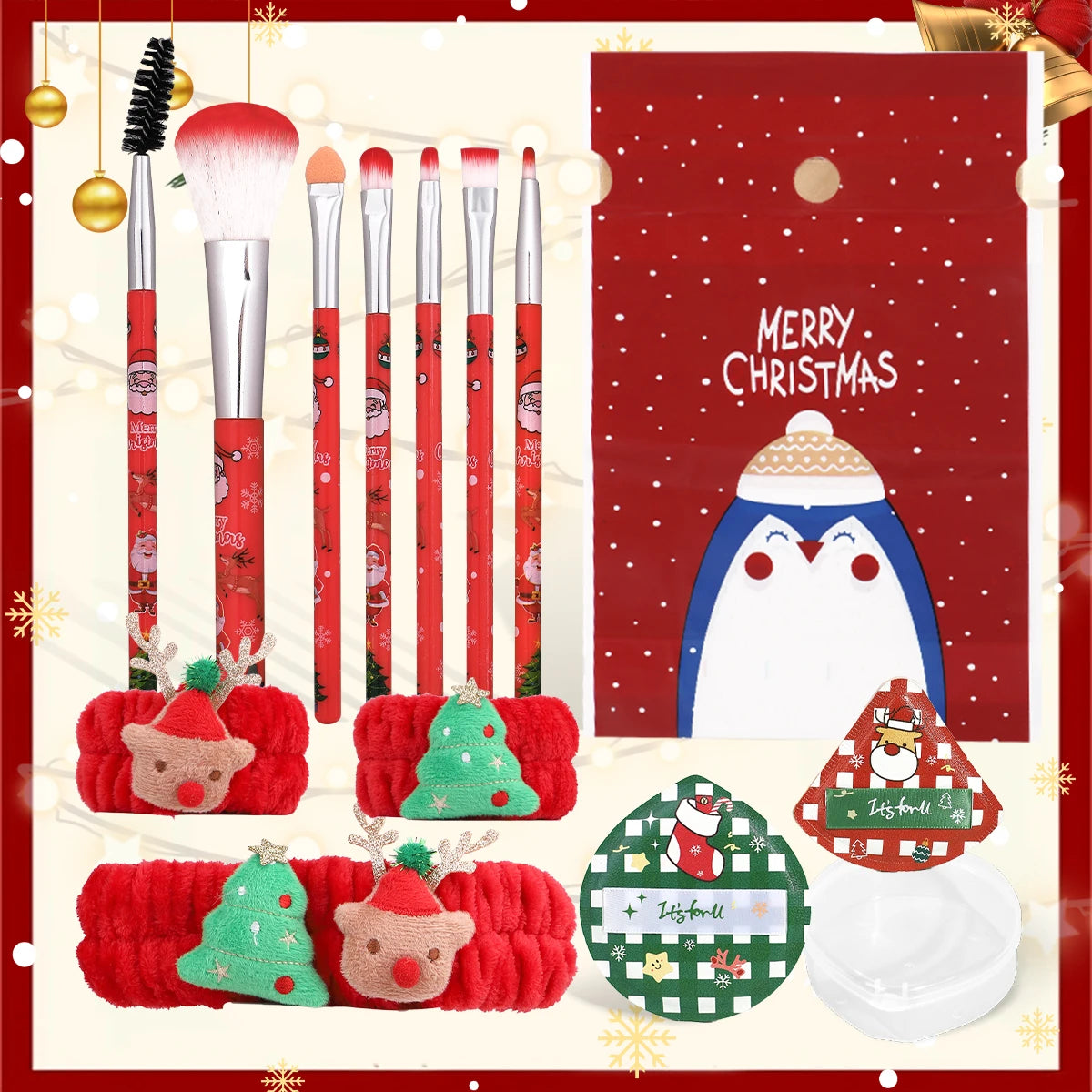 14PCS- Christmas makeup brush set, the bristles smudge naturally and delicately, and the powder puff is both dry and wet.