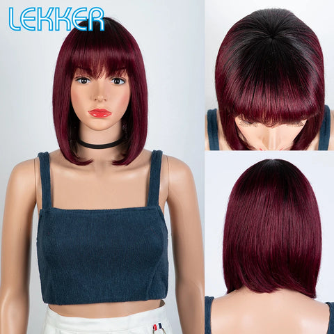 Lekker Ombre Brown Short Straight Bob 100% Human Hair Wig With Bangs For Women Brazilian Remy Hair Colored Full Machine Made Wig