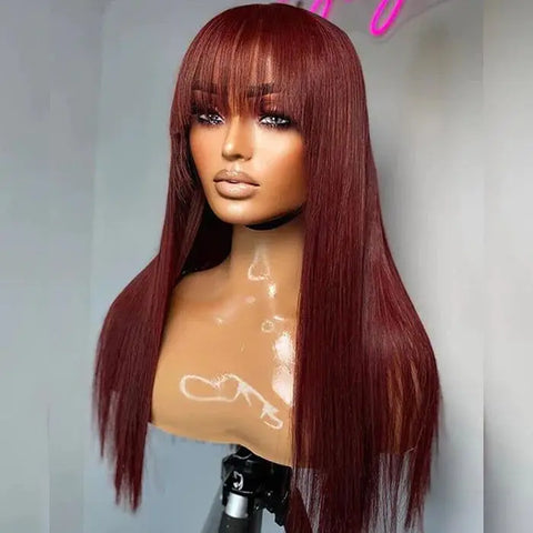 Chocolate Brown Layered Straight Wigs with Bangs Synthetic Layered Cut 3X1 Lace Glueless Wig 4# Brown Color 180% Density