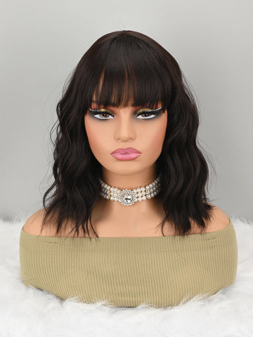 Natural Brown Synthetic Curly Wavy Bob Wig with Bangs for Women
