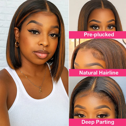 #4/350 Highlight Ginger Brown Short Bob Wig Human Hair Straight 13x4 HD Transparent Lace Frontal Wig Colored 5x5 Glueless Wig