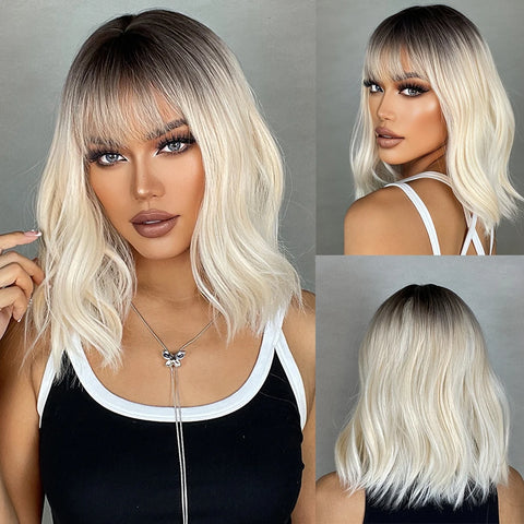 Light Pink Short Wavy Synthetic Hair Wigs with Bangs Cosplay Natural Shoulder Length Bob Wig For Women Afro Heat Resistant Fiber